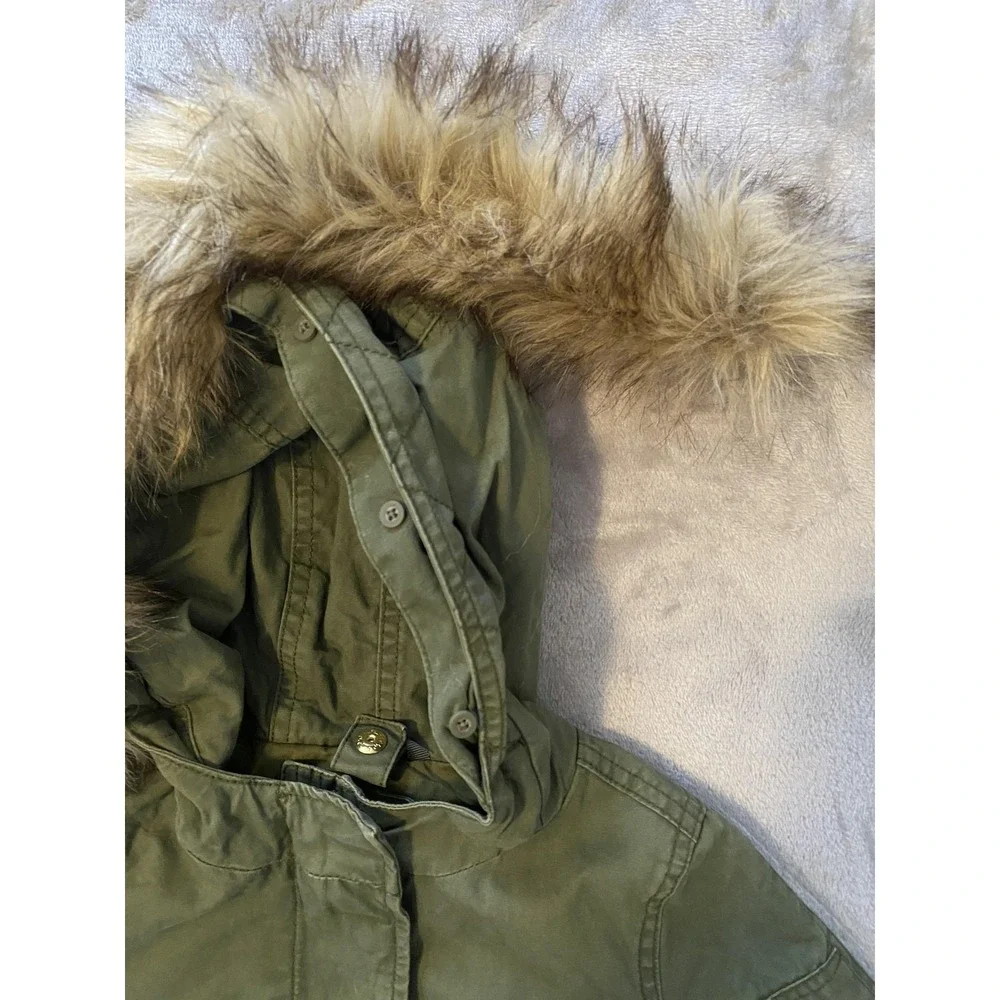 Gap Parka Coat Toddler Girls 2T Green Faux Fur Hood Canvas Lined‎ Zip Pockets